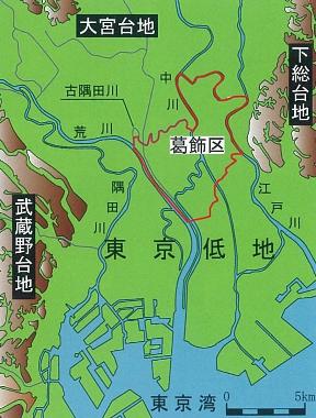 東京低地に位置する葛飾区周辺の地図