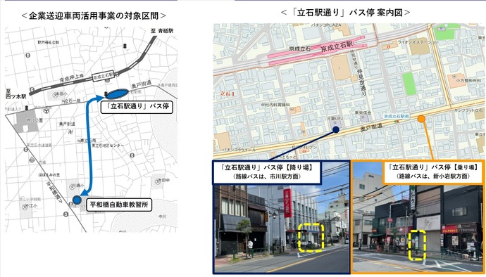 企業送迎車両活用事業の対象区間とバス停案内図