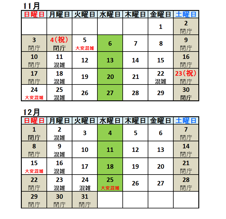 混雑予想カレンダーの表