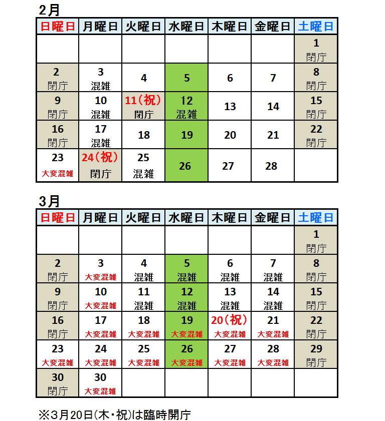 混雑予想カレンダーの表