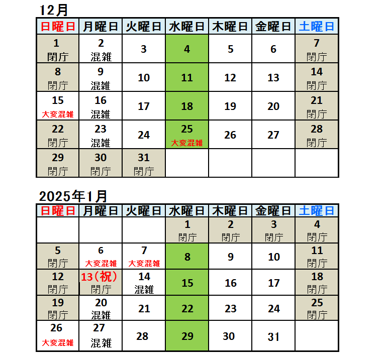 混雑予想カレンダーの表