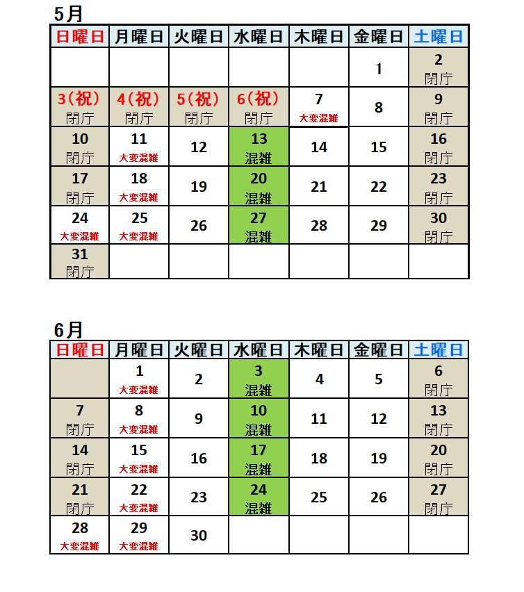 混雑予想カレンダーの表