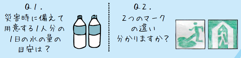 Q1. 災害時に備えて用意する1人分の1日の水の量の目安は？　Q2. 2つのマークの違い分かりますか？