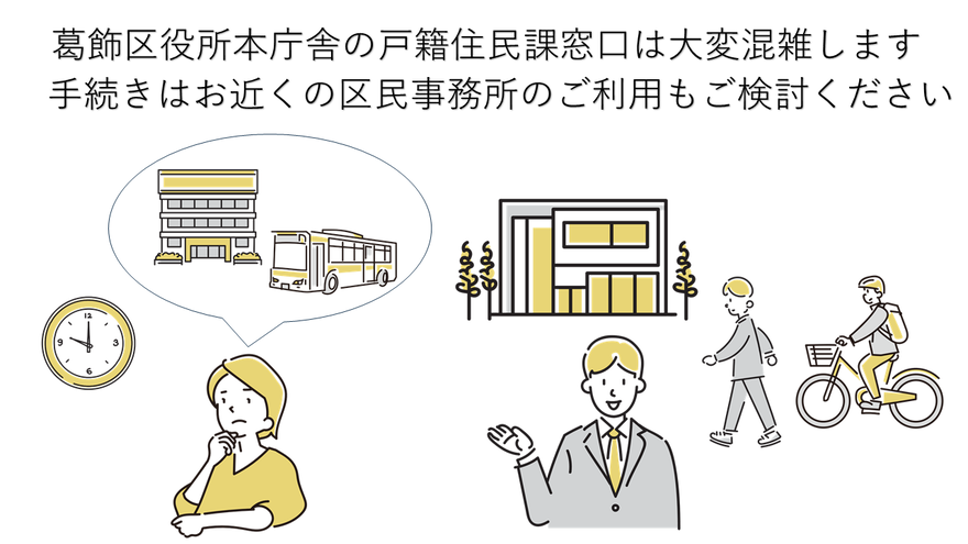 戸籍住民課窓口は大変混雑します。手続きはお近くの区民事務所のご利用もご検討ください。
